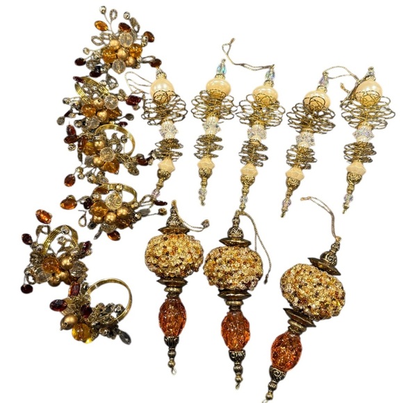 Other - Ornate intricate beaded icicle ornaments gold LOT 8 + 6 napkin rings Christmas